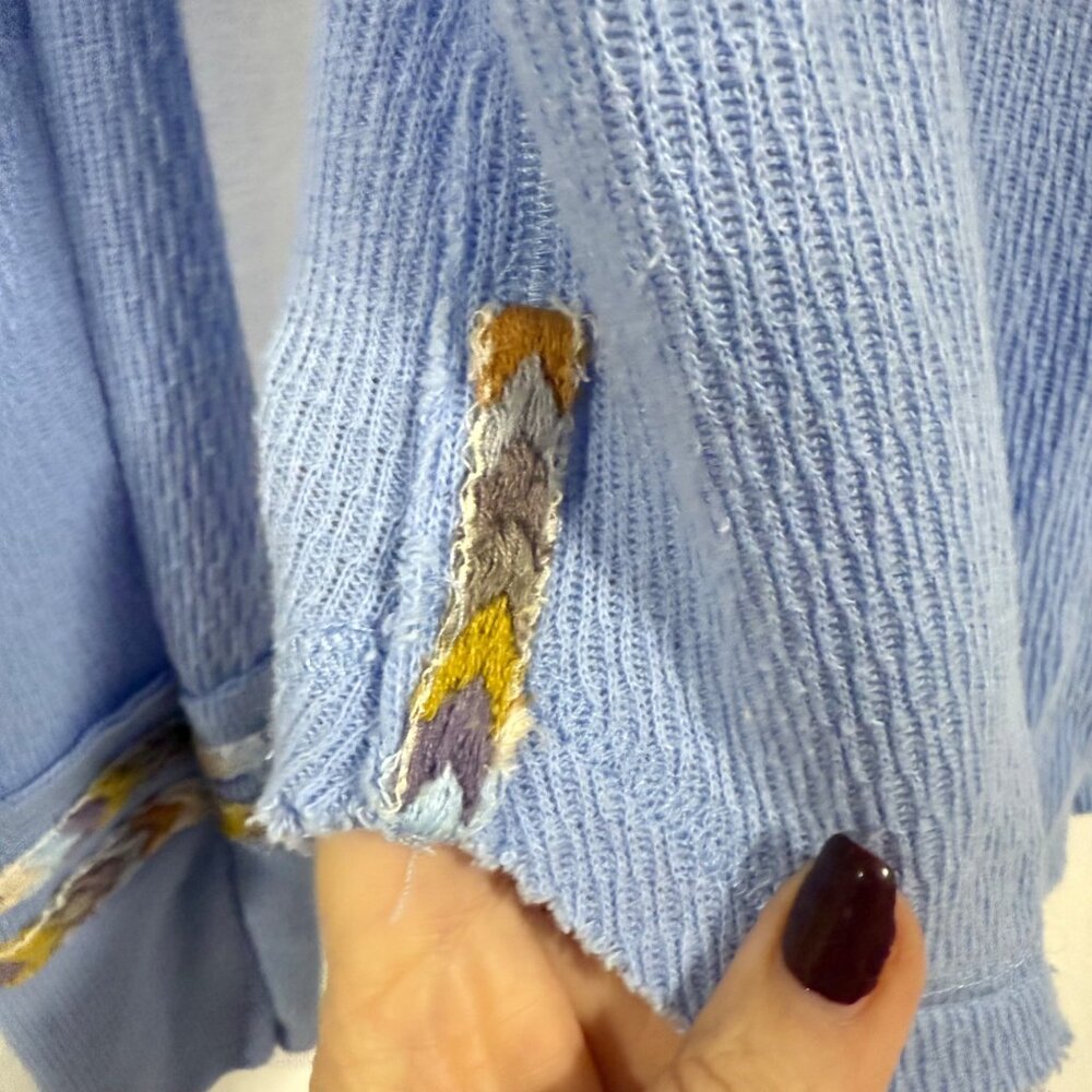 Free People We the Free Rainbow Embroidered Thermal Long Sleeve Blue Top Size XS - Picture 5 of 10